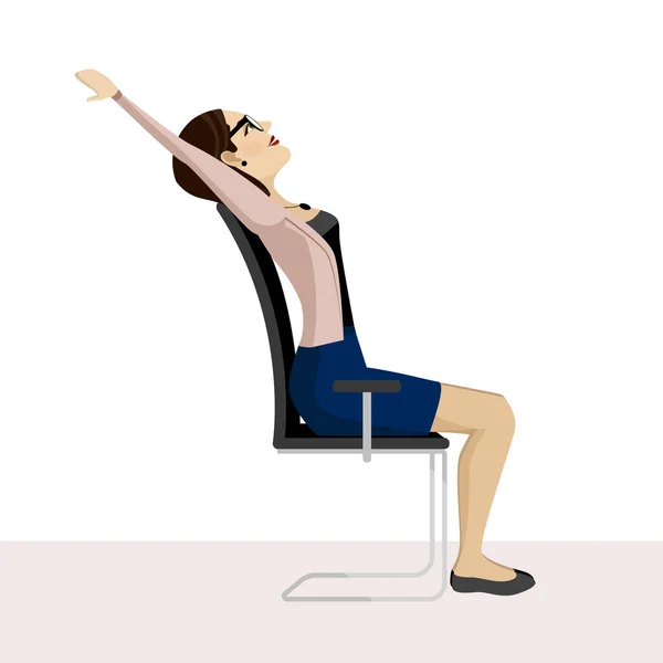 Una mujer guapa está haciendo ejercicio en la silla de la oficina. Mujer de negocios en sana pose de calentamiento. — Vector de stock