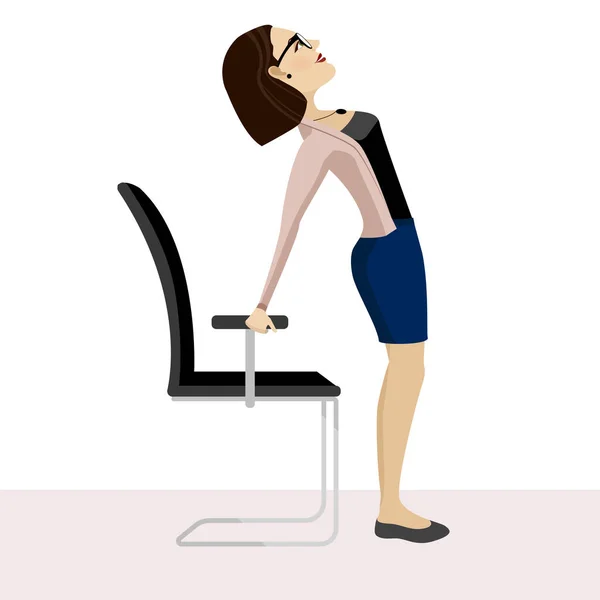 Una mujer guapa está haciendo ejercicio en la silla de la oficina. Mujer de negocios en sana pose de calentamiento. — Archivo Imágenes Vectoriales