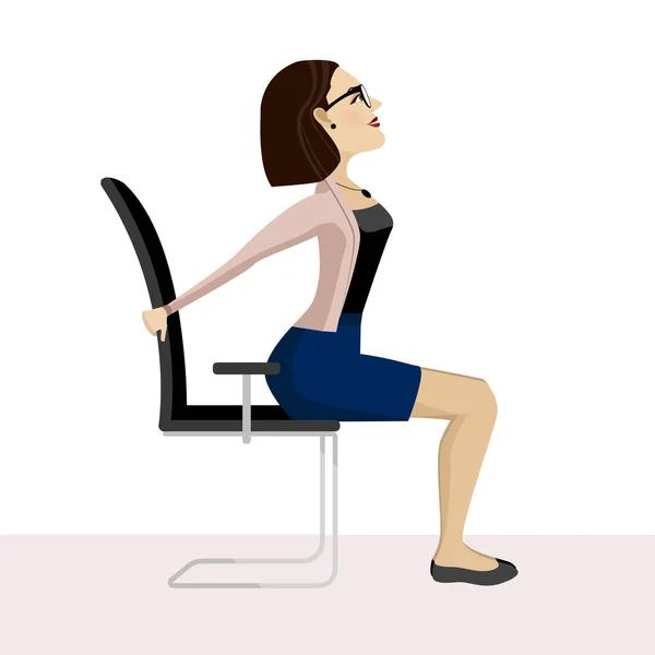 Una mujer guapa está haciendo ejercicio en la silla de la oficina. Mujer de negocios en sana pose de calentamiento. — Archivo Imágenes Vectoriales