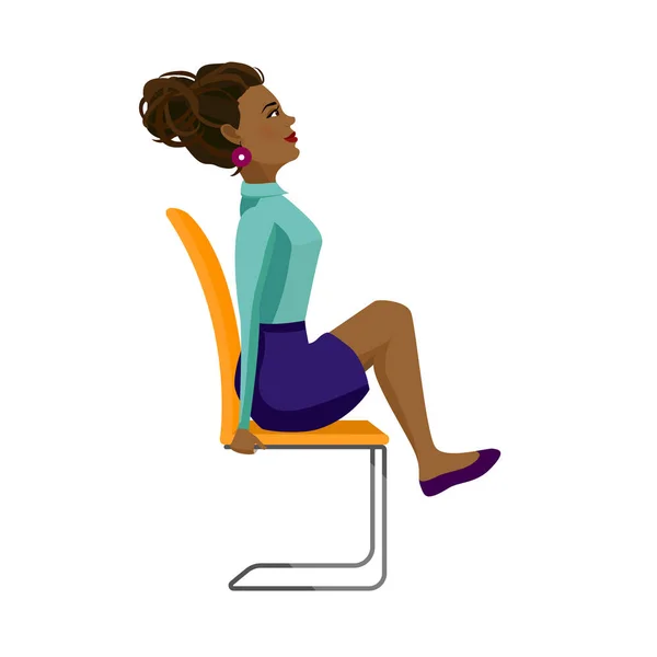 Mujer bastante afroamericana en ropa de negocios está haciendo ejercicios para volver a la silla de la oficina. — Archivo Imágenes Vectoriales
