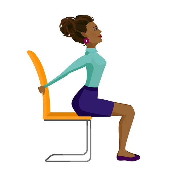 Pretty African American woman doing exercises for back on the office chair. Business woman in healthy backbend pose. — стоковый вектор