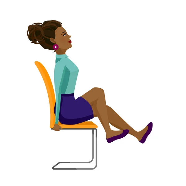Mujer afroamericana bastante haciendo ejercicios para volver a la silla de la oficina. Mujer de negocios en el fortalecimiento de piernas pose. — Archivo Imágenes Vectoriales