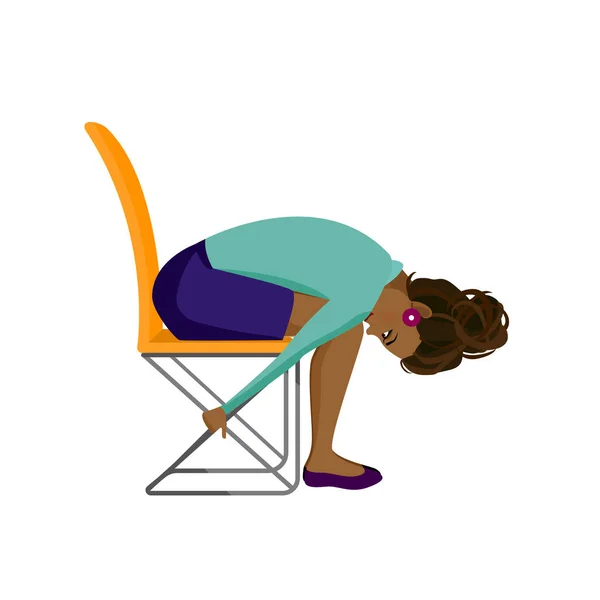 Pretty African American woman doing exercises for back on the office chair. Business woman in healthy forward bend pose. — Stock vektor