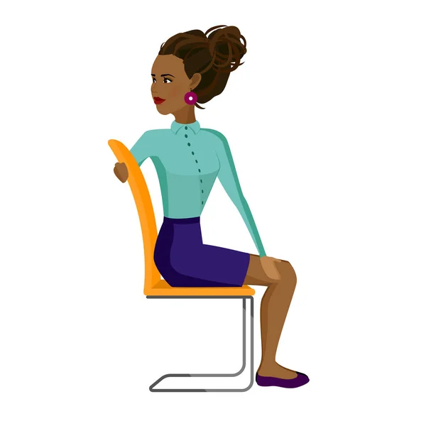 Mujer afroamericana bastante haciendo ejercicios para volver a la silla de la oficina. Mujer de negocios en actitud de giro saludable. — Archivo Imágenes Vectoriales