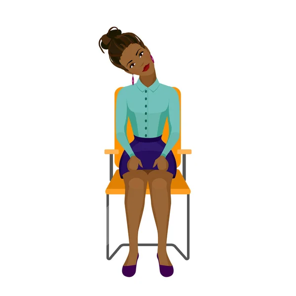 Ofis sandalyesinde egzersiz yapan güzel Afrikalı Amerikalı kadın. Sağlıklı eğik kafalı iş kadını pozu. — Stok Vektör
