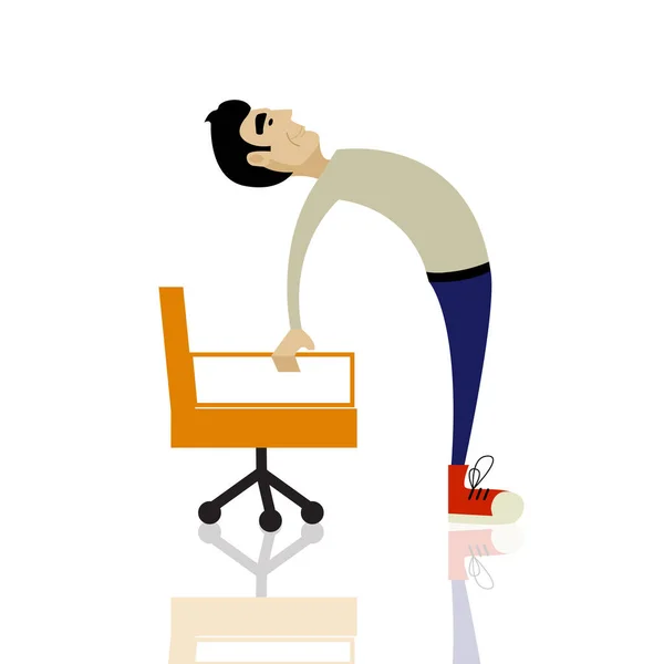 Man i sportkläder gör övningar för tillbaka på kontoret stolen. Affärsman i frisk bakåtböjning pose. — Stock vektor