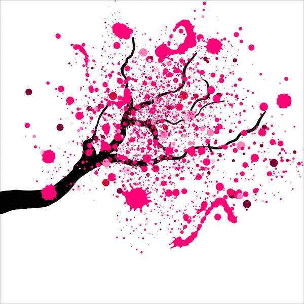 Isolated branch with abstract flowers of sakura. Pink dust and splashes looks like blossoms of Japanese cherry tree. — стоковый вектор