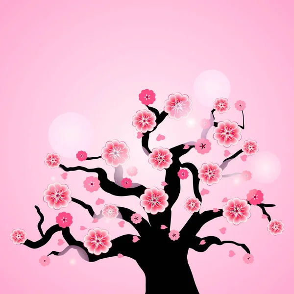 Isolated tree with flowers of sakura. Cartoon pink and white blossoms of Japanese cherry tree. —  Vetores de Stock