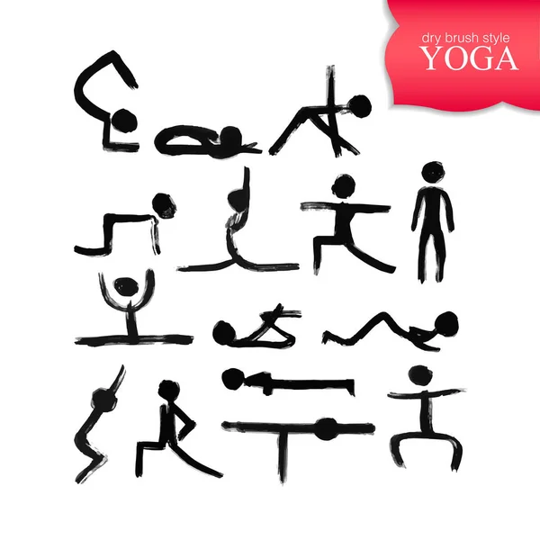Stick figures in different yoga poses created by dry brush. Grunge calligraphy style. — Stockvektor