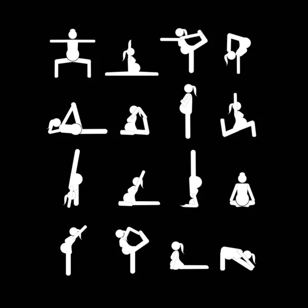 Stick figures. Pregnant woman doing yoga poses. — Stockvektor