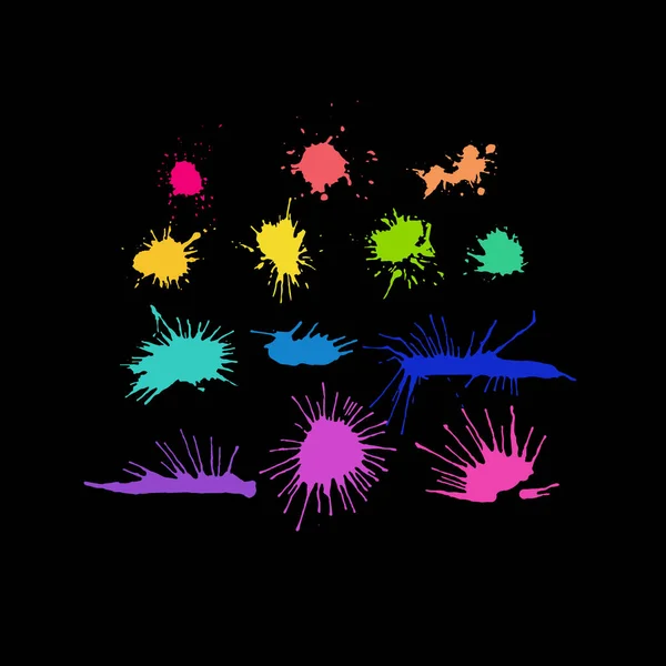 Hand drawn blots, splashes and blobs. Bright color blots on the black background. — Stock Vector