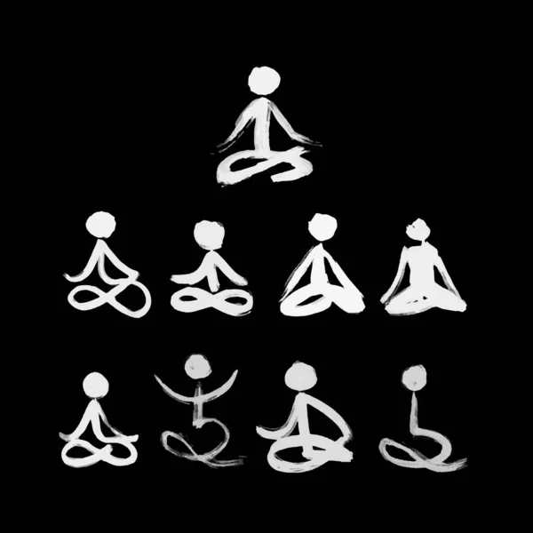 Figuras de palo en pose de loto yoga creadas por cepillo seco. Estilo de caligrafía grunge. — Archivo Imágenes Vectoriales