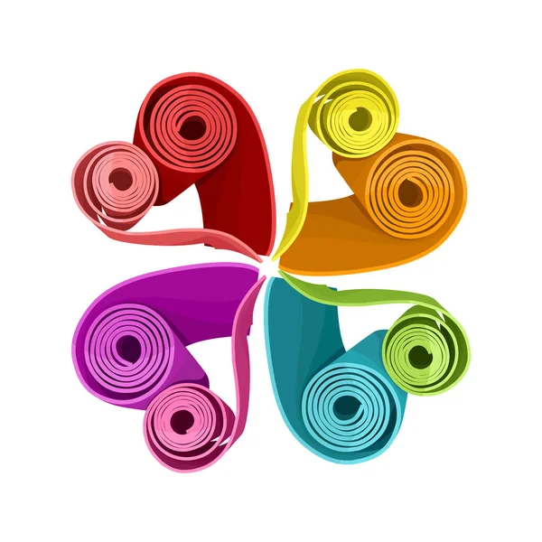 Группа ковриков для йоги, сложенных в форме сердца. Зеленый, синий, розовый, красный, фиолетовый, оранжевый, желтые цвета. — стоковый вектор