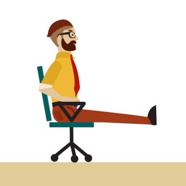 İş elbiseli bir adam ofis sandalyesinde egzersiz yapıyor. Sağlıklı ve güçlü bacakları olan bir iş adamı..