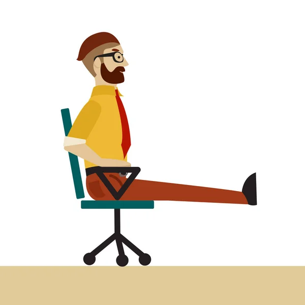 Чоловік у діловому одязі робить вправи для спини на офісному стільці. Бізнесмен у здорових зміцнюючих ногах позує . — стоковий вектор