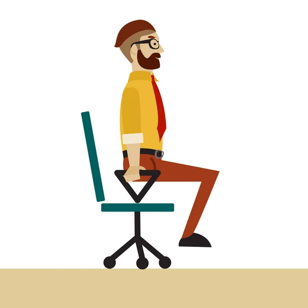 Чоловік у діловому одязі робить вправи для спини на офісному стільці. Бізнесмен у здоровому зміцненні позу балансу руки . — стоковий вектор