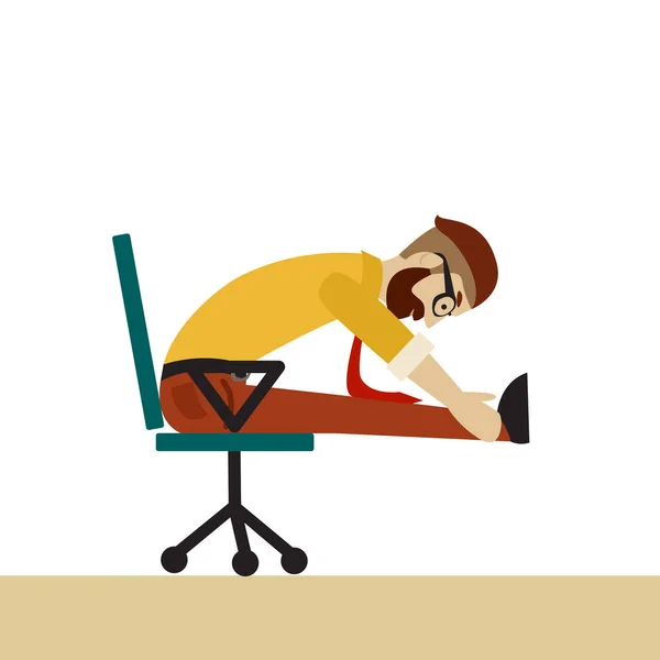 Man i affärskläder gör övningar för tillbaka på kontorsstolen. Affärsman i friska framåt böj pose. — Stock vektor