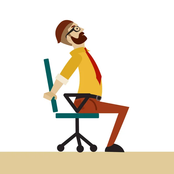 El hombre con ropa de negocios está haciendo ejercicios para volver a la silla de la oficina. Empresario en pose de backbend saludable. — Archivo Imágenes Vectoriales