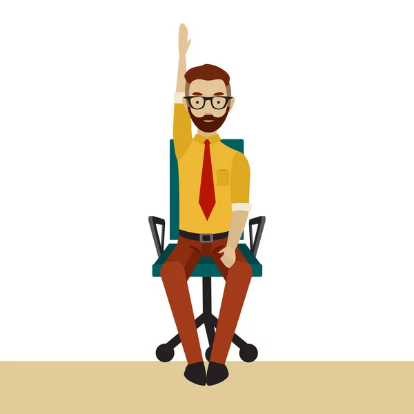 Man in business clothes is doing exercises for back on the office chair. Businessman in healthy hands up pose. — Stock Vector