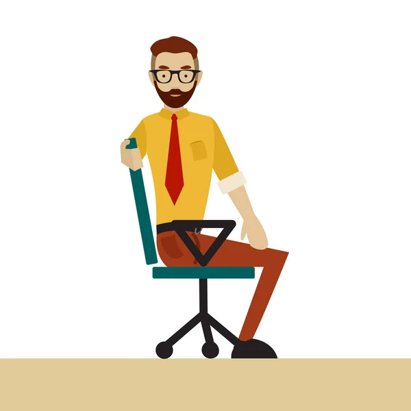 Man in business clothes is doing exercises for back on the office chair. Businessman in healthy twist pose. — Stock Vector