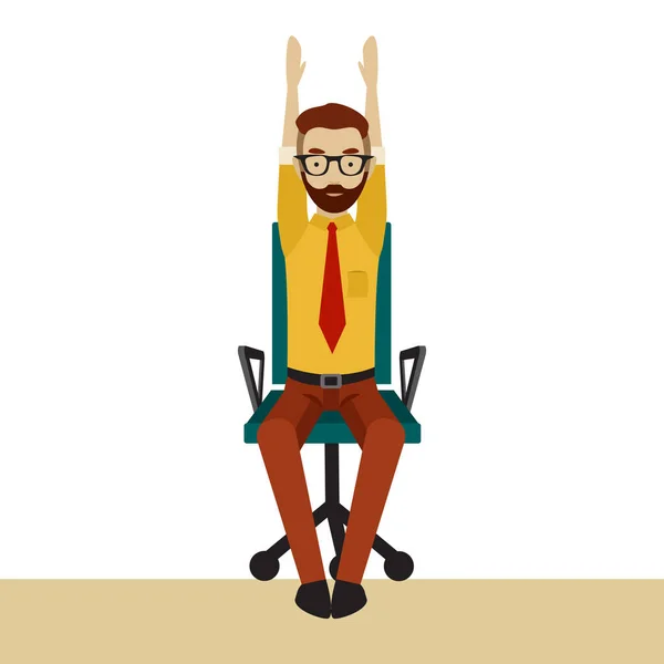 Man in business clothes is doing exercises for back on the office chair. Businessman in healthy hands up pose. — Stock Vector