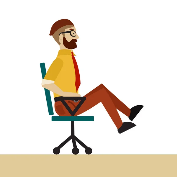 İş elbiseli bir adam ofis sandalyesinde egzersiz yapıyor. Sağlıklı ve güçlü bacakları olan bir iş adamı.. — Stok Vektör