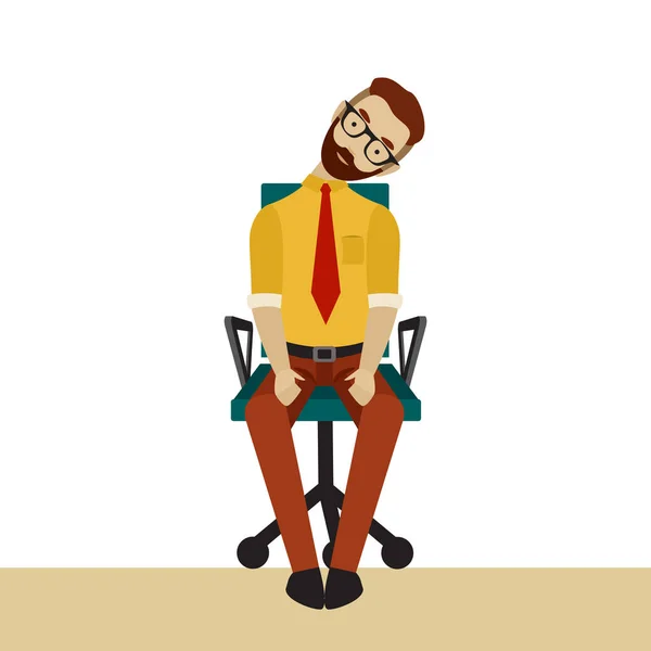 El hombre con ropa de negocios está haciendo ejercicios para volver a la silla de la oficina. Empresario en la cabeza inclinada a la pose lateral. — Archivo Imágenes Vectoriales