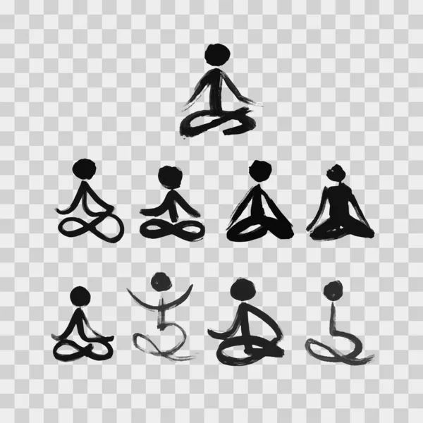 Figuras de palo en pose de loto yoga creadas por cepillo seco. Estilo de caligrafía grunge. — Archivo Imágenes Vectoriales