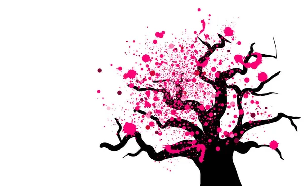 Odizolowane drzewo z abstrakcyjnymi kwiatami sakury. Różowy pył i plamy wyglądają jak kwiaty wiśni japońskiej. — Wektor stockowy