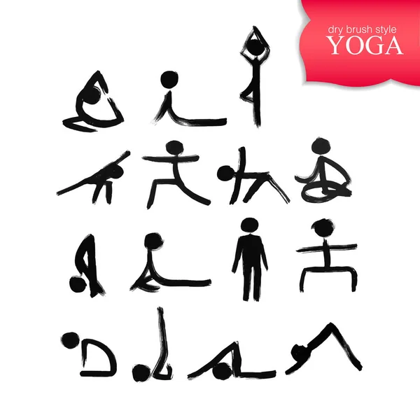 Strichmännchen in verschiedenen Yoga-Posen, die mit trockenem Pinsel entstehen. Grunge-Kalligraphie. — Stockvektor