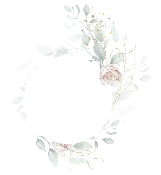 Round frame template watercolor painted. Background with branches, green leaves and pink roses. Wedding ready design. — Stock Photo, Image