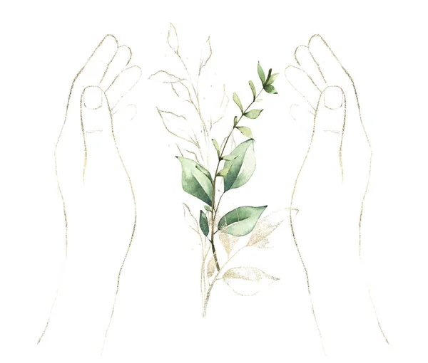 Ecologia aquarela arranjo floral com as mãos, folhas verdes e douradas ramos. Elementos de arte linha dourada. — Fotografia de Stock