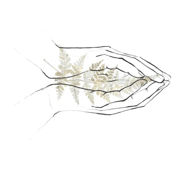 水色生态花与手,蓝色和金色蕨叶分枝排列.黑线艺术元素. — 图库照片