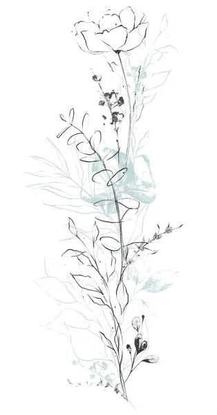 Black and blue wildflowers twig and leaves in sramp technique style and line art. Floral arrangement. — Stock Photo, Image