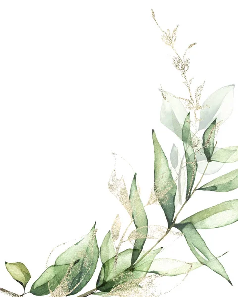 Зеленый расположение акварели окрашены. Аромат с ветвями, зелеными листьями и золотой линией и пылевыми элементами. — стоковое фото
