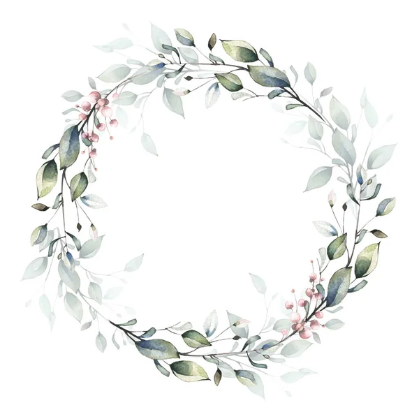 Arrangement frame met groene en roze takken en bladeren. Aquarel beschilderde bloemkrans. — Stockfoto
