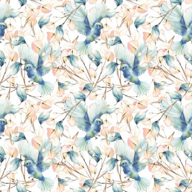 Mavi kuşlar ve uzun pembe yabani dallar ve yapraklı dallar. Çiçeksiz suluboya desen. 