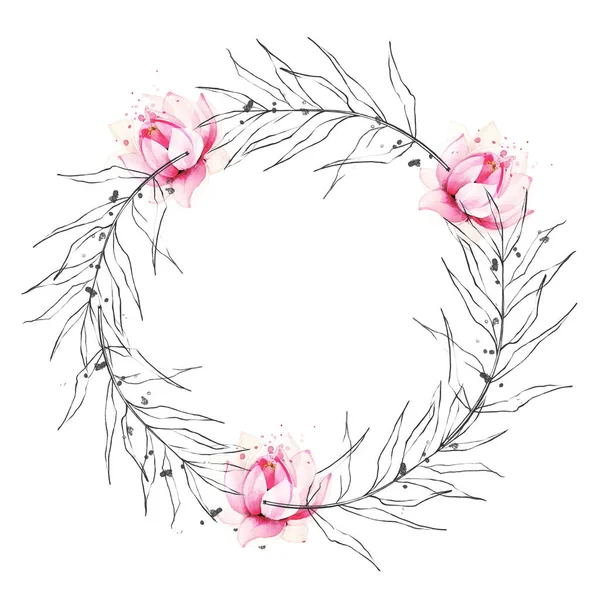 Arrangement frame with pink lotus flowers and branches, leaves in sketch drawing style. Watercolor painted floral wreath — Stock Photo, Image