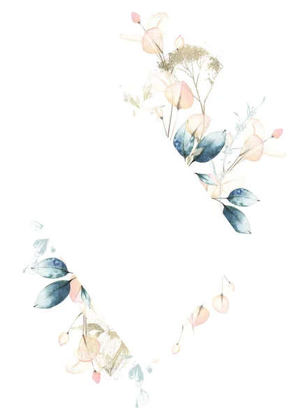 Marco de rombo floral pintado en acuarela. Arreglo con ramas azules y hojas rosadas. Diseño de plantilla de boda. —  Fotos de Stock