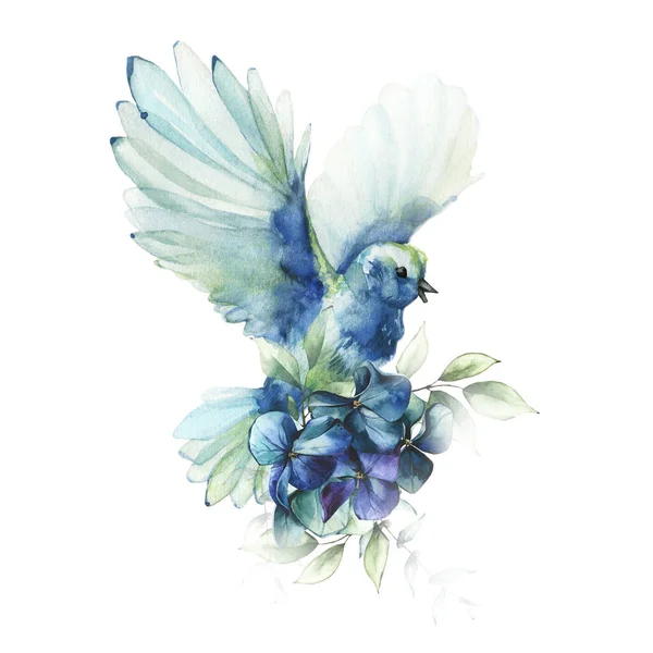 Pássaro azul e azul e buquê com folhas verdes e flores de hortênsia. Doce aquarela pintado arranjo floral. — Fotografia de Stock