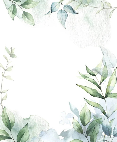 Aquarel geschilderd luchtige bloemkader template. Groene en blauwe achtergrond met takken, bladeren en abstracte wasbeurten. — Stockfoto