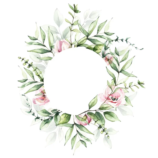 Round frame template watercolor painted. Background with branches, green leaves and pink roses. Wedding ready design. — Stock Photo, Image