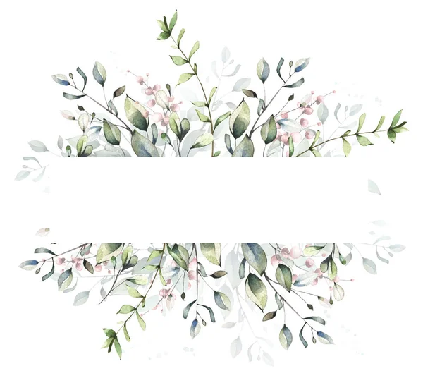 Aquarell bemalter floraler Rahmen. Arrangement mit grünen Zweigen und rosa Blättern. Hochzeitsschablone. — Stockfoto