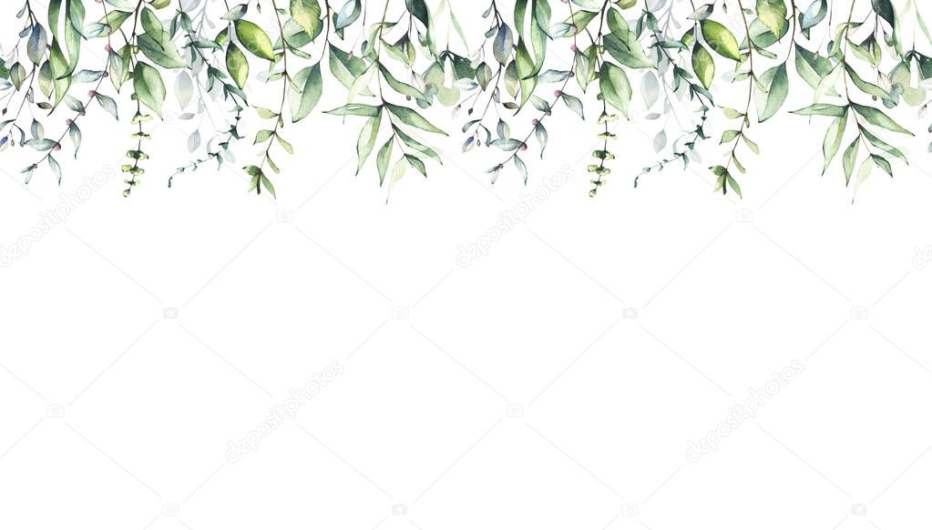 Watercolor painted greenery frame template. Bouquet with green branches and leaves. Seamless border