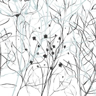 Siyah ve mavi kır çiçekleri dalları ve yaprakları sersemletme tekniği ve çizgi sanatı. Çiçek aranjmanı.