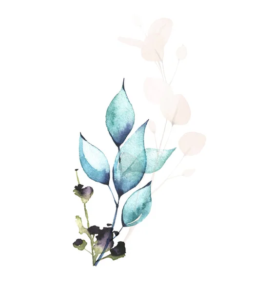 Aquarell bemalter Blumenstrauß. Arrangement mit luftigen Zweigen, blauen Blättern, rosa Grafiken. — Stockfoto