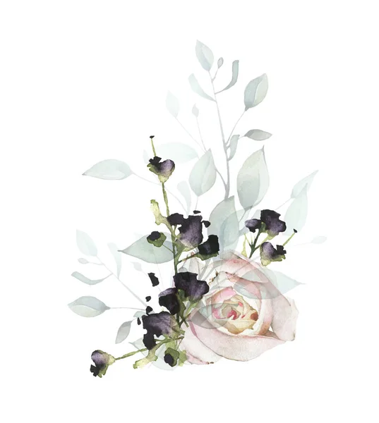 Arrandering med gråa blad, svarta grenar, rosa rosenblomma. Akvarell målad blommig bukett. — Stockfoto