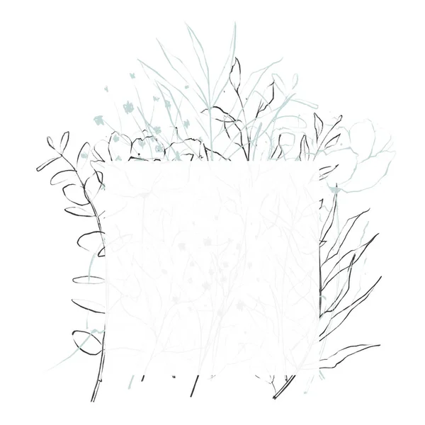 Zarte Linienkunst quadratische Rahmenvorlage. Zweige, blaue Blätter. Hochzeitsfertiges Design. — Stockfoto