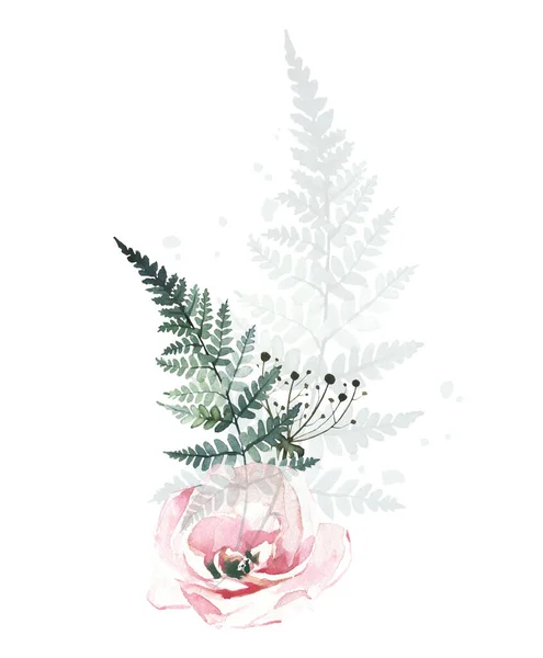 Nebeliges Arrangement mit rosa Rosenblüte und mystischem Farn. Aquarell bemalter Blumenstrauß. — Stockfoto