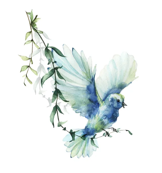 Blue and azure bird and lianas with green leaves. Watercolor painted arrangement. — Stock Photo, Image